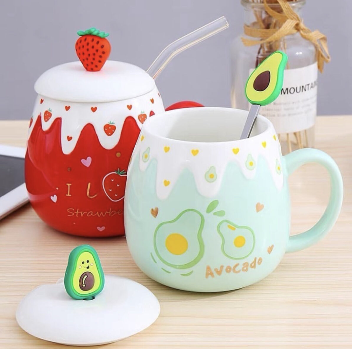 Kawaii Fruit Strawberry Avocado Ceramic Cup (500ml)