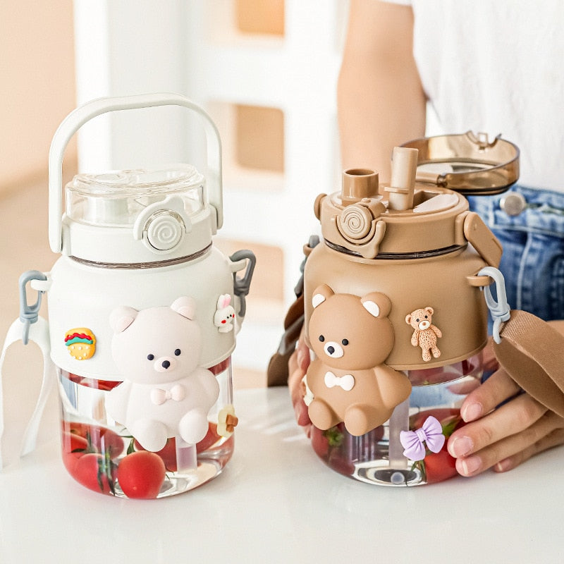 Cute Jumbo Pastel Bear Straw Bottle (1000ml)