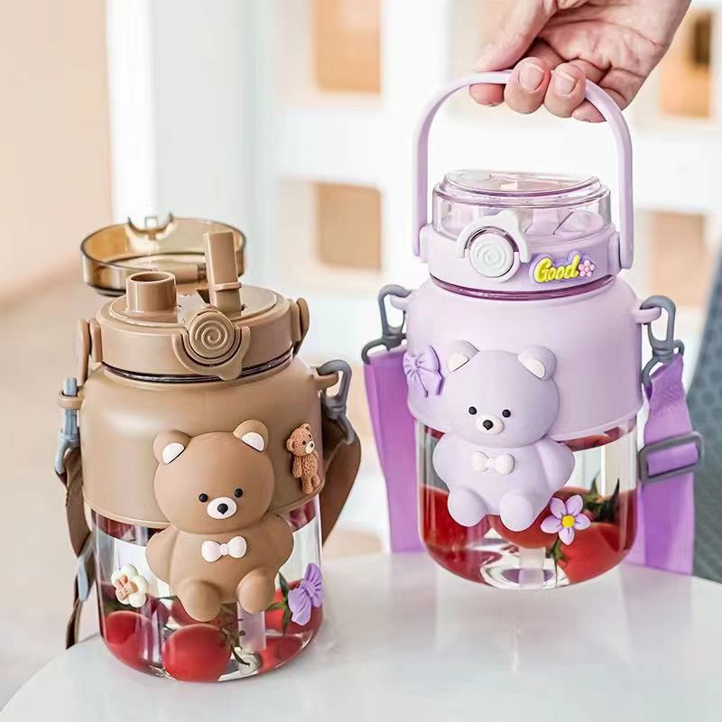 Cute Jumbo Pastel Bear Straw Bottle (1000ml)