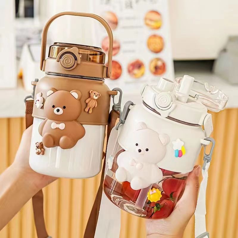 Cute Jumbo Pastel Bear Straw Bottle (1000ml)