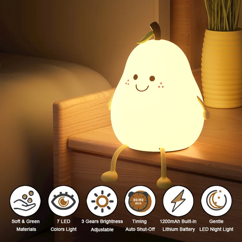 Cute Pear Fruit Silicone LED Night Lamp Change Color with Tap