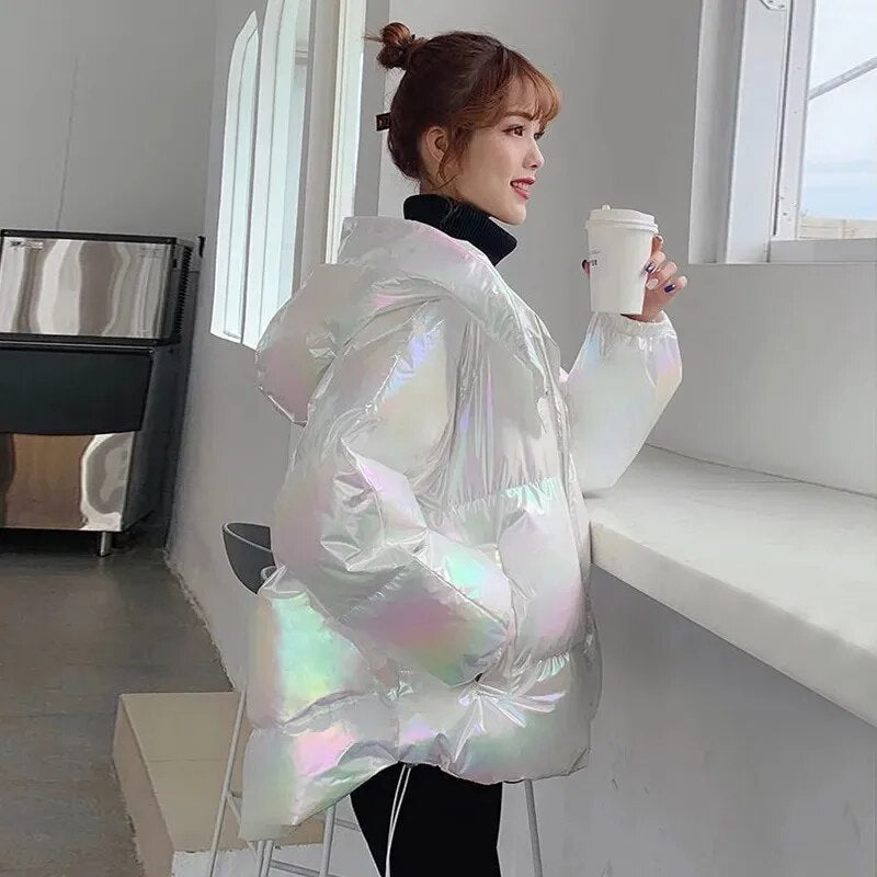 Shiny Laser Iridescent Puffer Jacket Coat