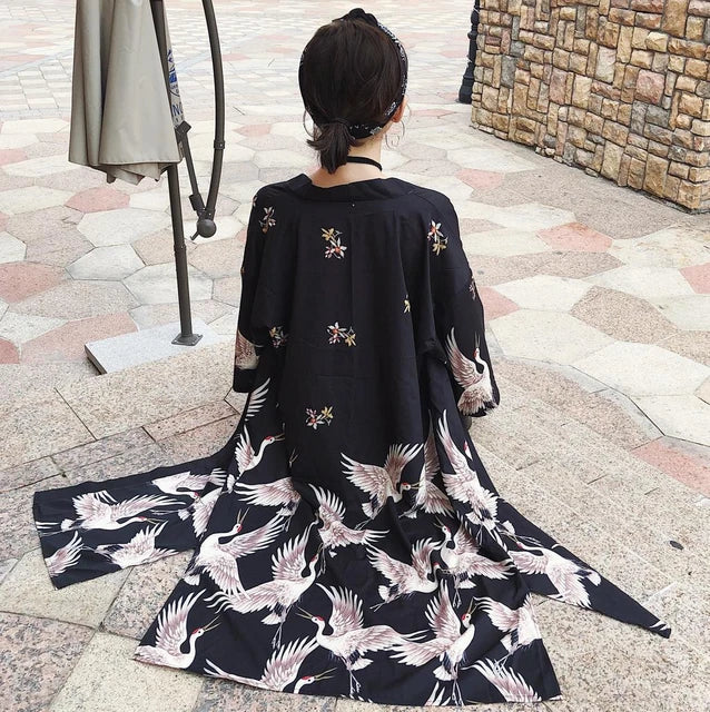 Women Haori Yukata Swan Print Kimono Shirt