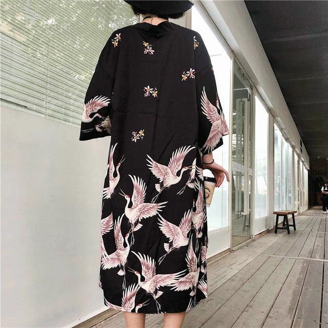 Women Haori Yukata Swan Print Kimono Shirt