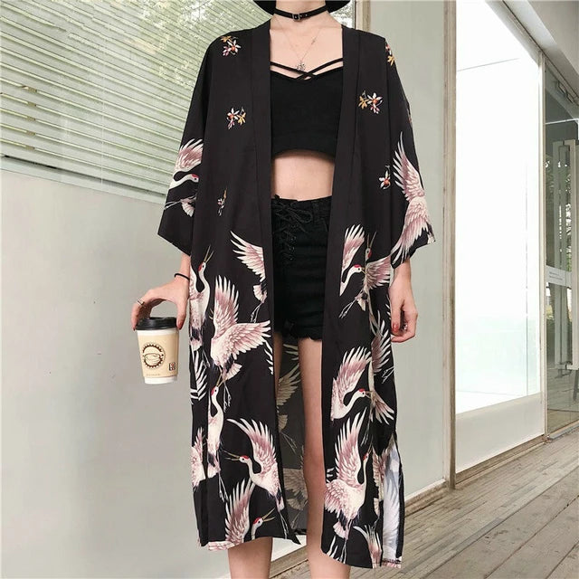 Women Haori Yukata Swan Print Kimono Shirt