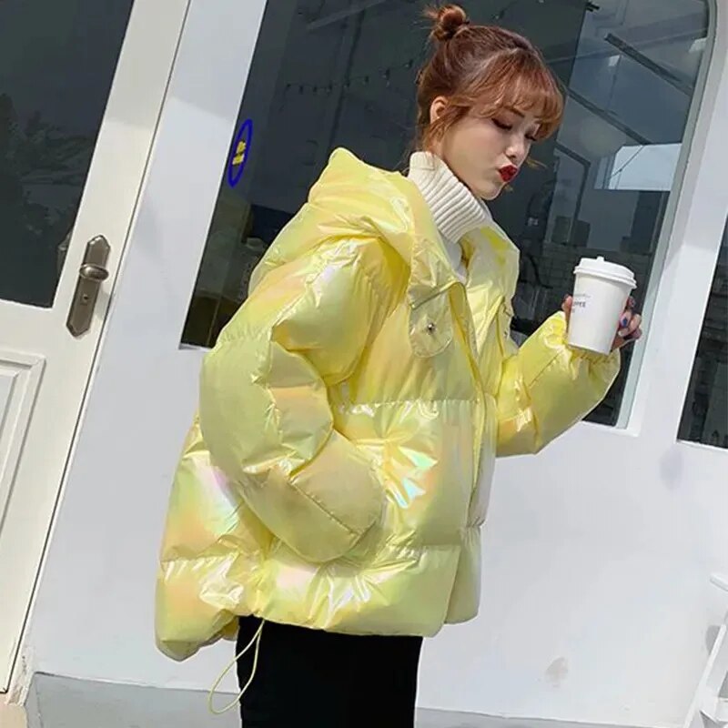 Shiny Laser Iridescent Puffer Jacket Coat