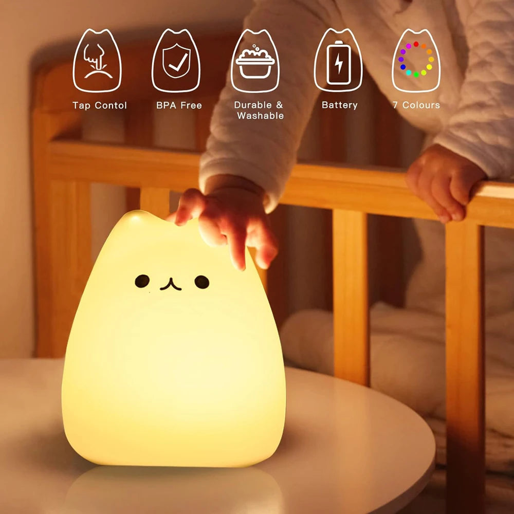 Cute Cat Silicone LED Night Lamp Change Color with Tap