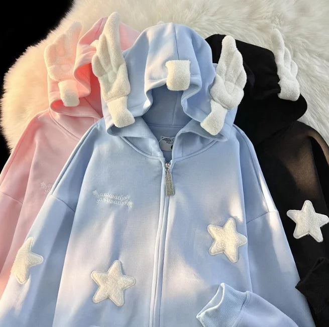 Star Work Sweatshirt with Angel Wings Winter Hoodie