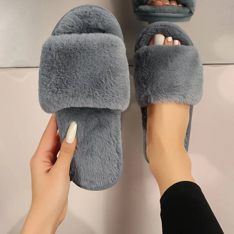 Soft Open Toe Solid Color Flat Furry Slippers