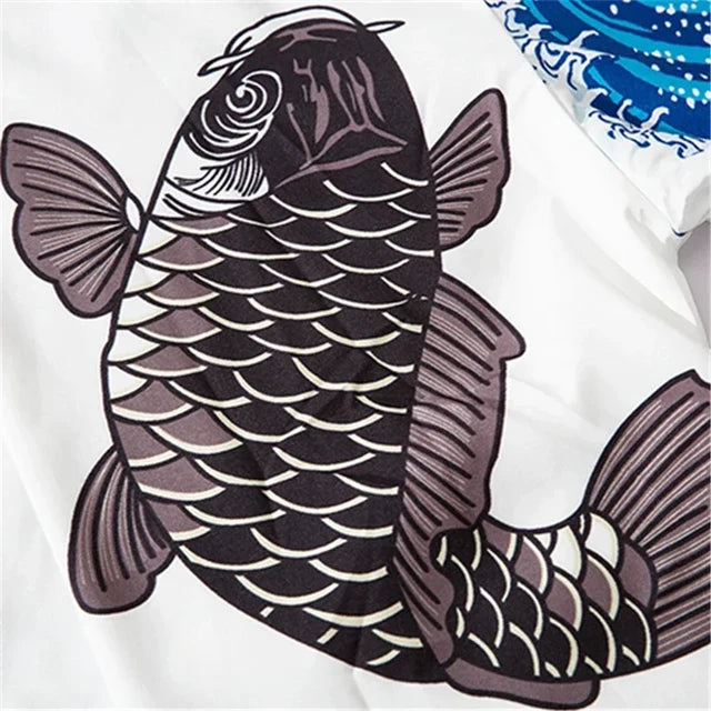 Men Haori Yukata Wave Carp Print Kimono