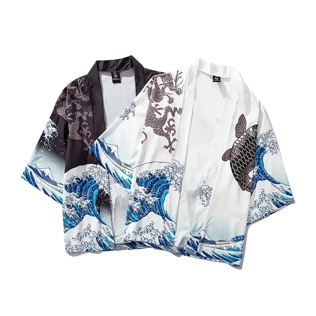 Men Haori Yukata Wave Carp Print Kimono