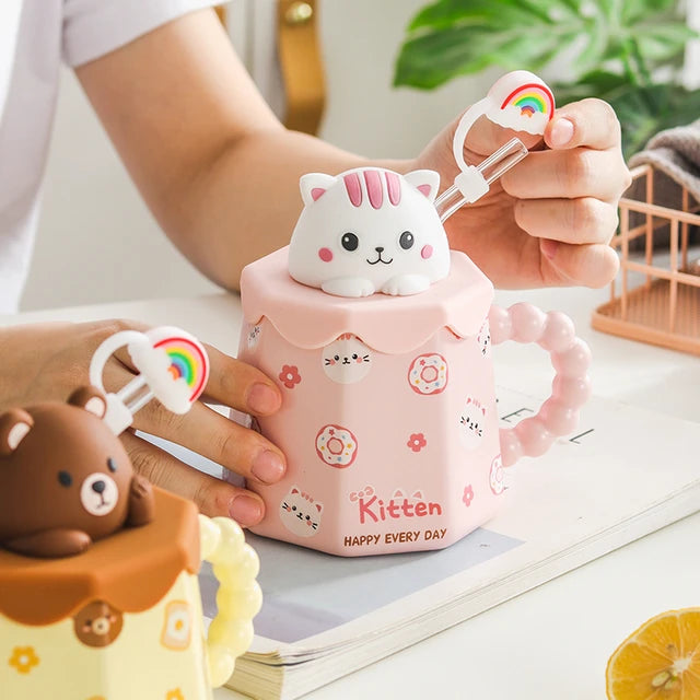 Cartoon Ceramic Mug with Lid and Spoon (400ml)