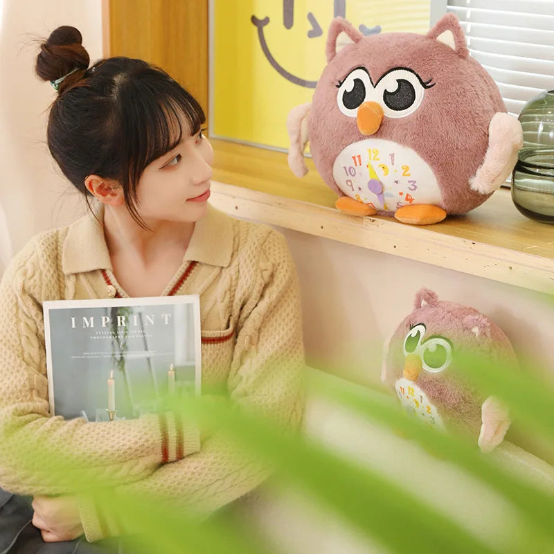 Pink Cute Lifelike Plushie Owl with Alarm Clock Design