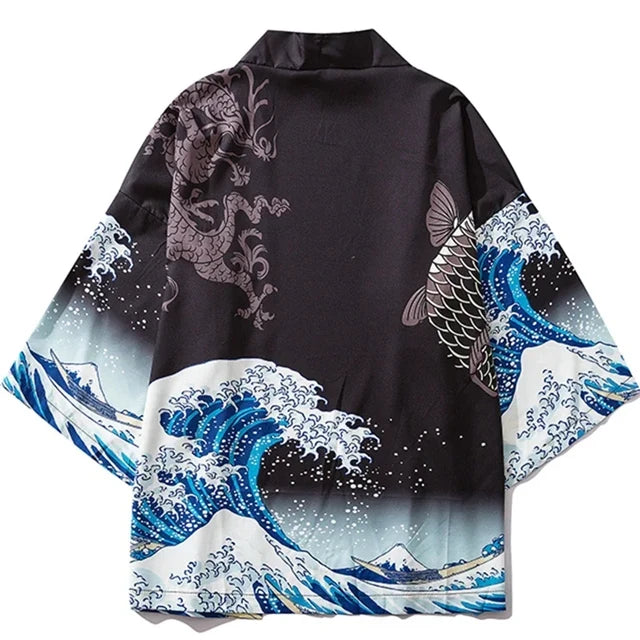 Men Haori Yukata Wave Carp Print Kimono