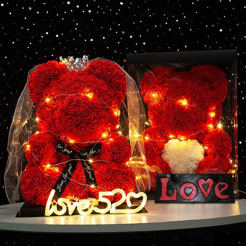 Artificial Rose Flowers with Lights & Box Teddy Bear