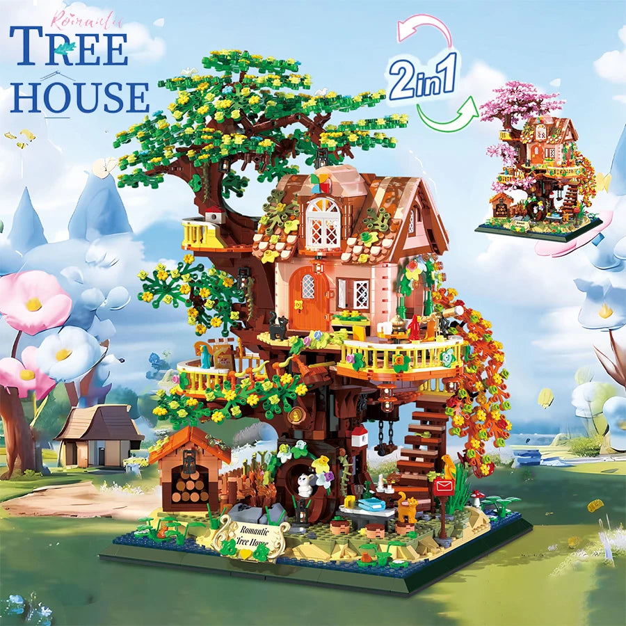 Romantic Sakura Tree House Blocks with Two Color Leaf