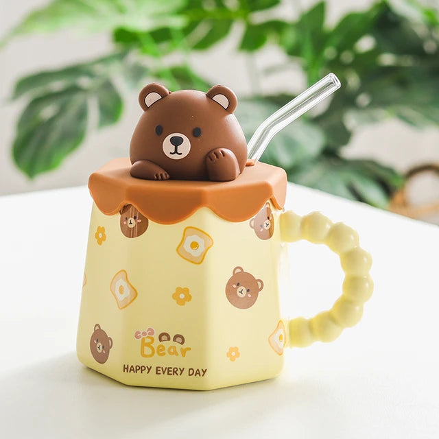 Cartoon Ceramic Mug with Lid and Spoon (400ml)