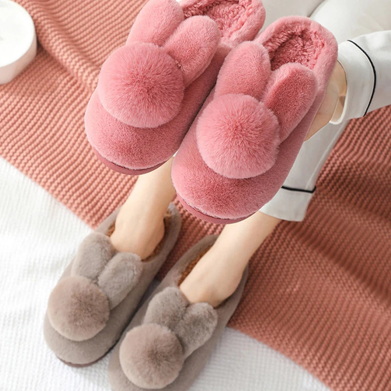 Winter Warm Fluffy Fur Cozy Bunny Plush Slippers