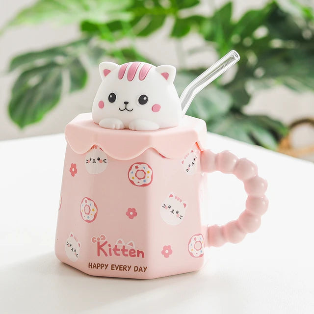 Cartoon Ceramic Mug with Lid and Spoon (400ml)