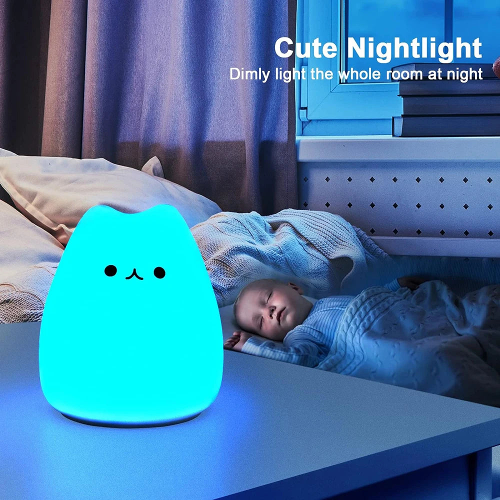 Cute Cat Silicone LED Night Lamp Change Color with Tap