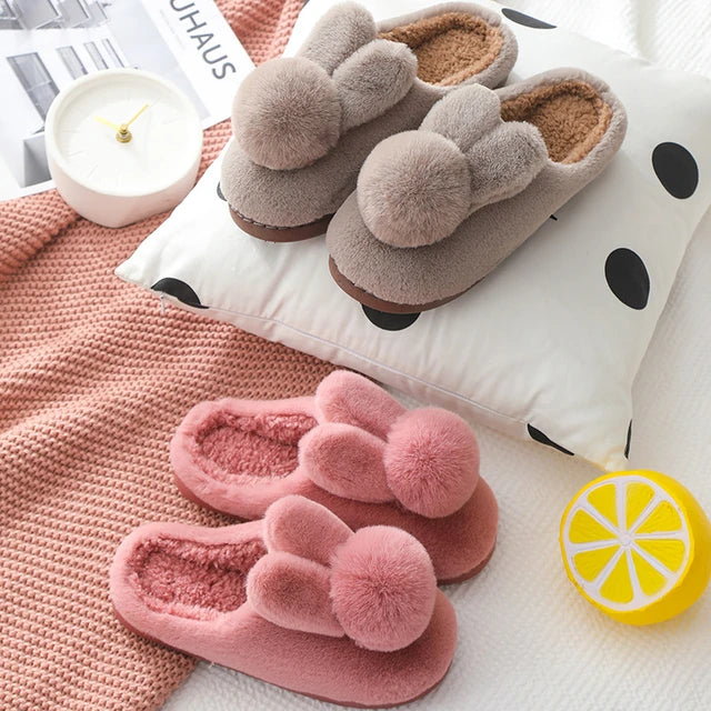 Winter Warm Fluffy Fur Cozy Bunny Plush Slippers