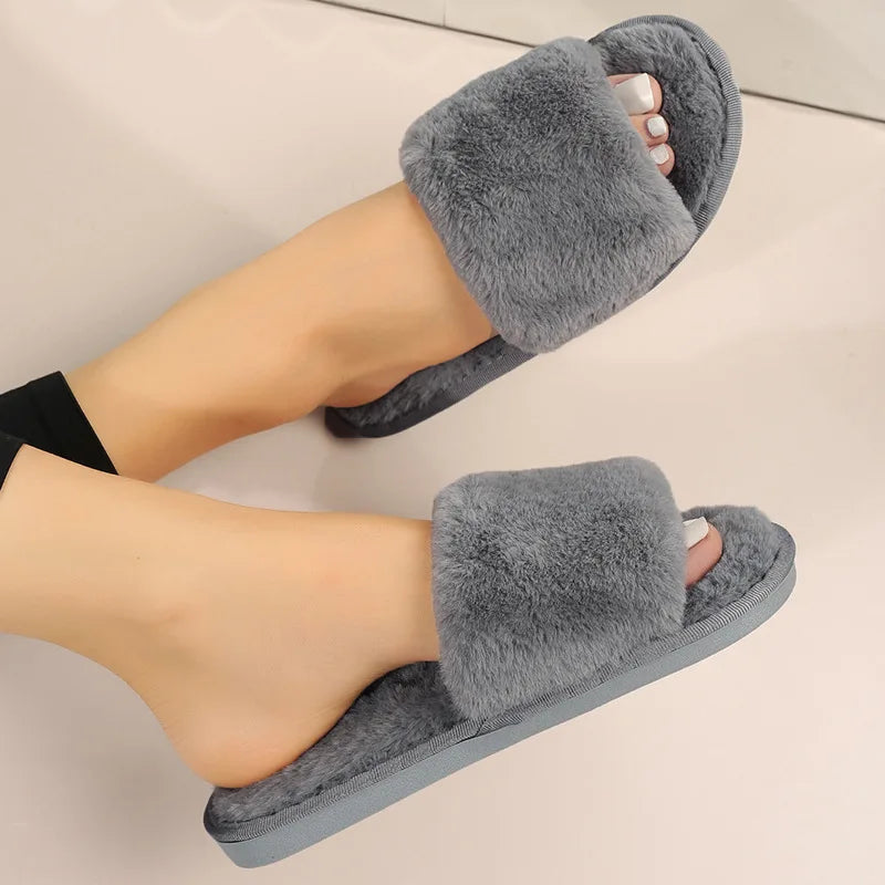 Soft Open Toe Solid Color Flat Furry Slippers