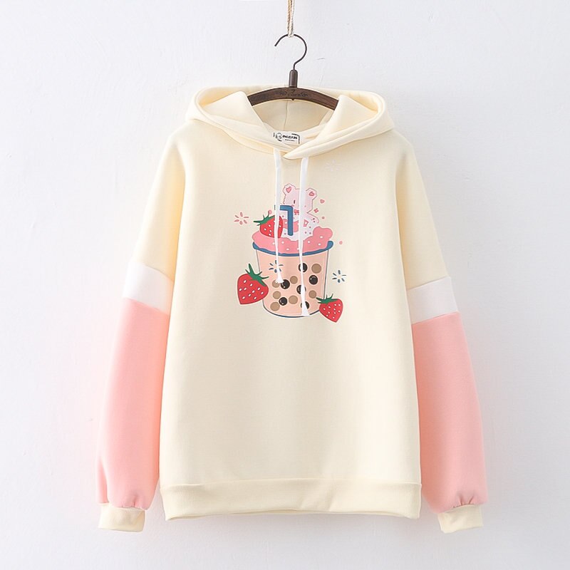 Lovely Strawberry Boba Design Fleece Hoodie