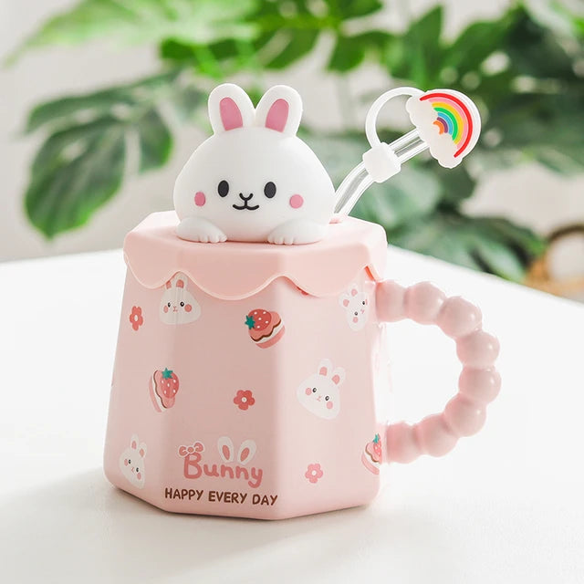 Cartoon Ceramic Mug with Lid and Spoon (400ml)