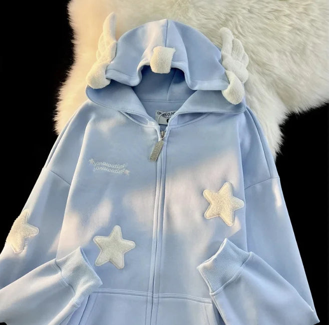 Star Work Sweatshirt with Angel Wings Winter Hoodie