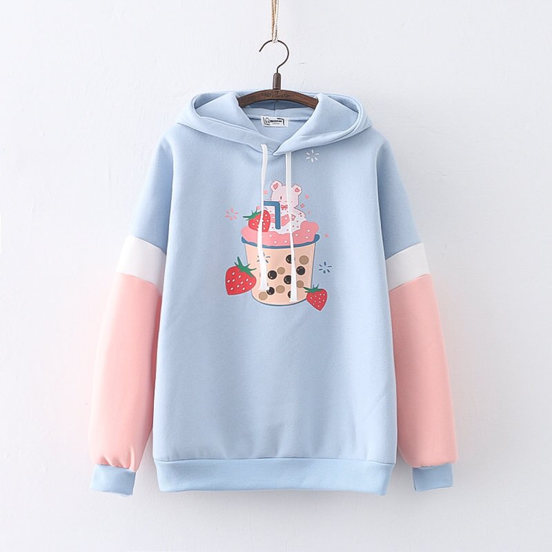 Lovely Strawberry Boba Design Fleece Hoodie