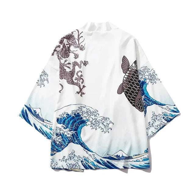 Men Haori Yukata Wave Carp Print Kimono