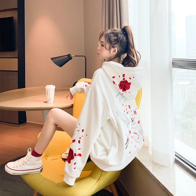 Romantic Bird Rose Print White Oversized Sweatshirt