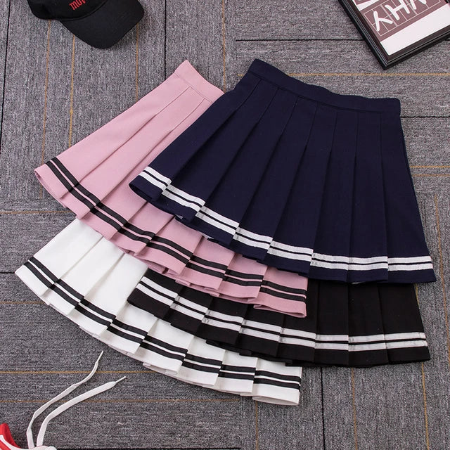 Casual High-Waisted Striped Pleated A-line Skirt