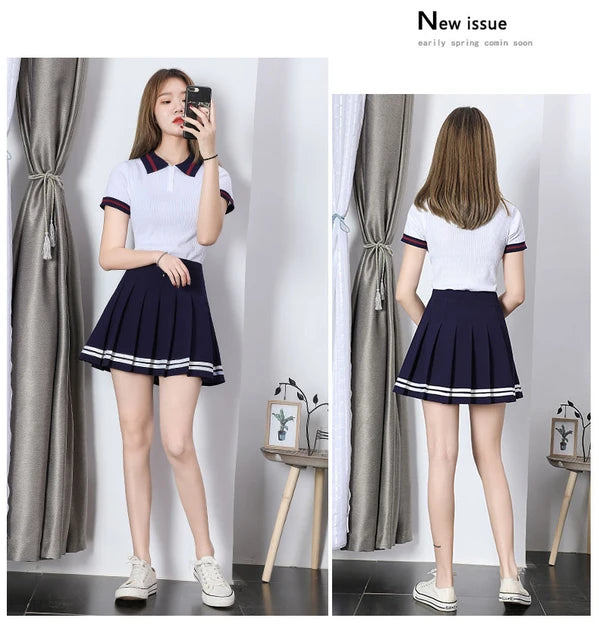 Casual High-Waisted Striped Pleated A-line Skirt