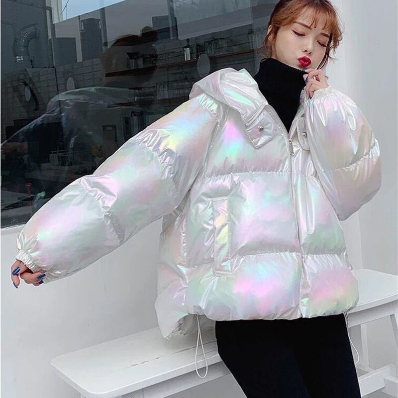 Shiny Laser Iridescent Puffer Jacket Coat