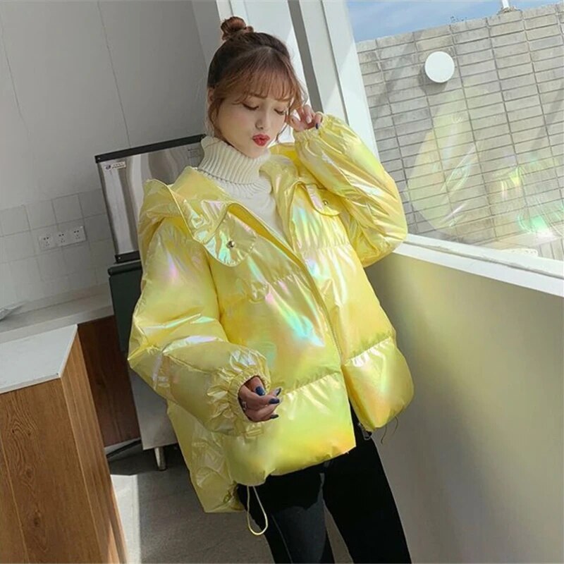 Shiny Laser Iridescent Puffer Jacket Coat