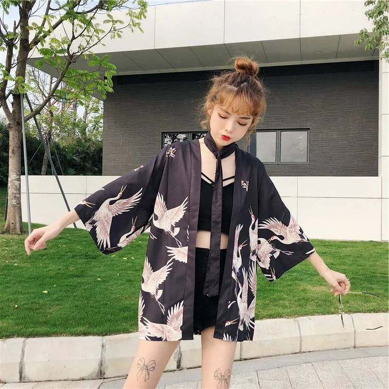 Women Haori Yukata Swan Print Kimono Shirt