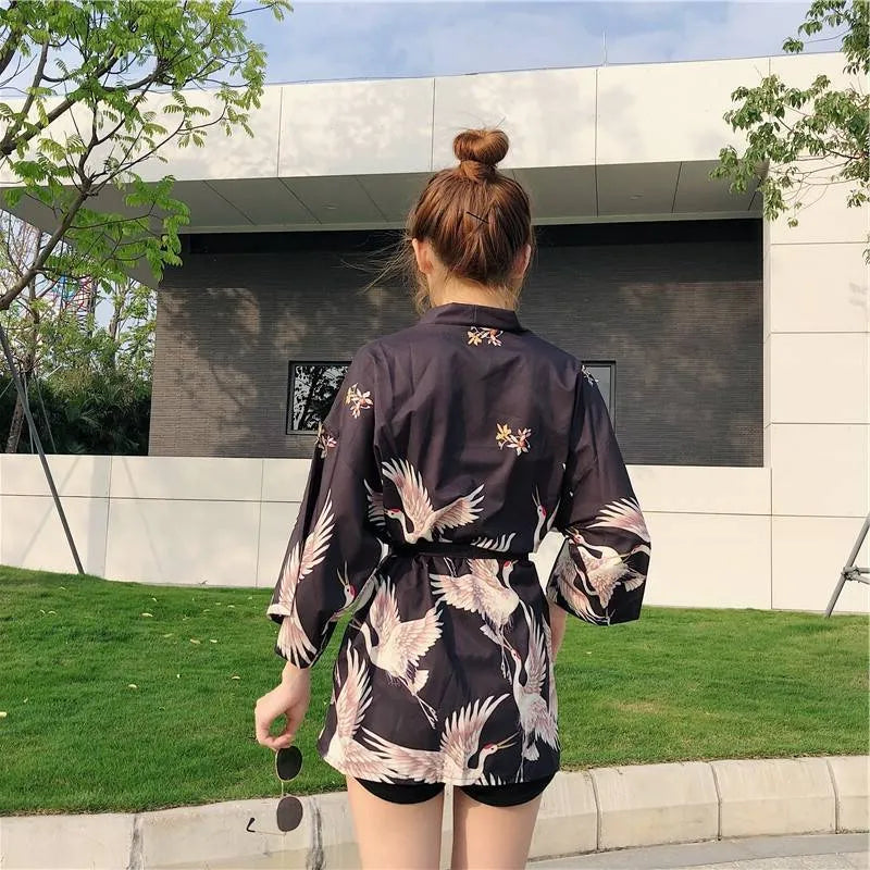 Women Haori Yukata Swan Print Kimono Shirt