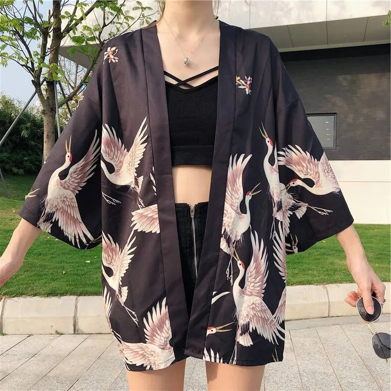 Women Haori Yukata Swan Print Kimono Shirt