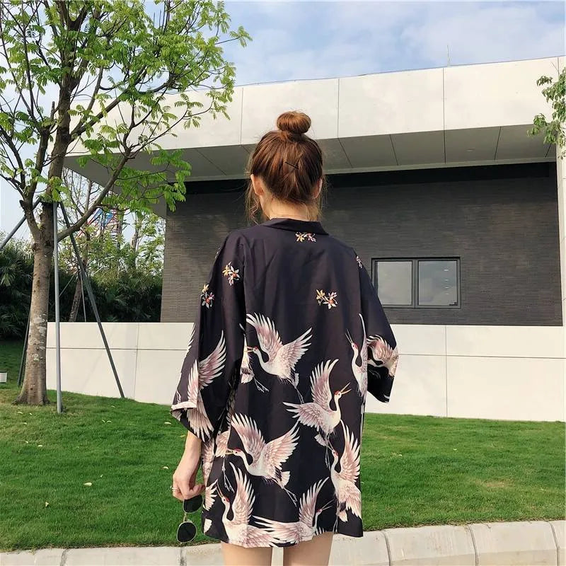 Women Haori Yukata Swan Print Kimono Shirt