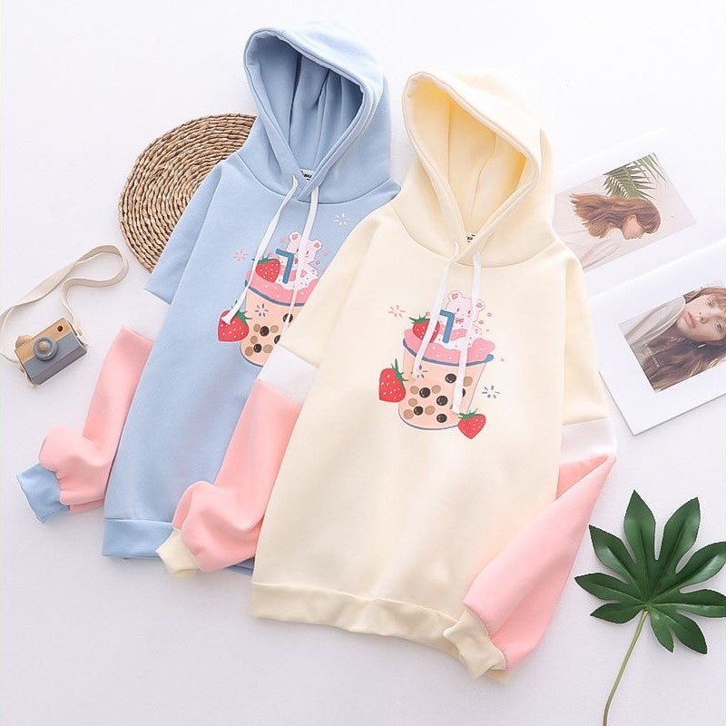 Lovely Strawberry Boba Design Fleece Hoodie